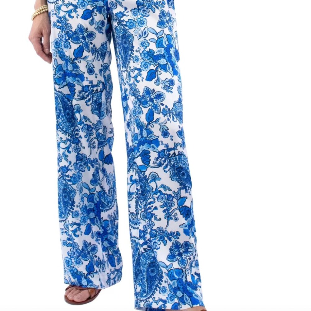 NEW S Italy Bognar Blu Wide Leg Pant Paisley Blue Mediterranean Print Luxury